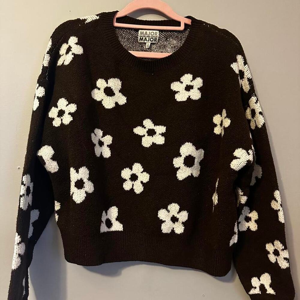 Black White Floral Sweater Womens L Y2K Cottagecore Grunge Crewneck Knit Flower